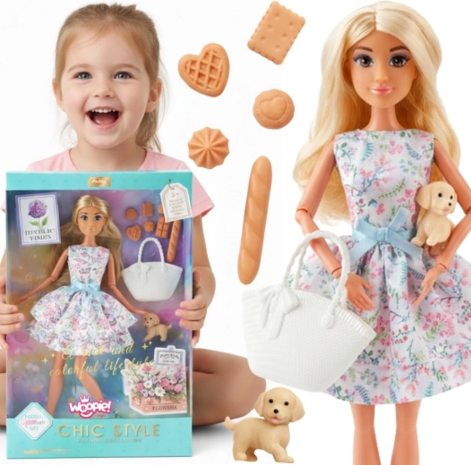 Woopie Royal Lily baba 30 cm-es, tavaszi ruhában, piknik kiegészítőkkel és kiskutyával