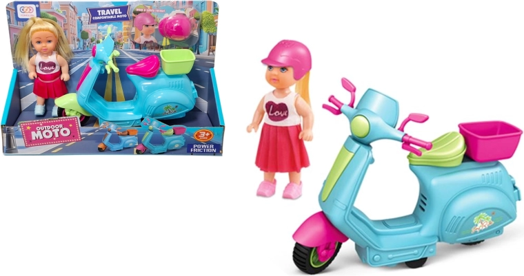 Baba robogón kosárral és sisakkal