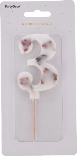 3-as szám alakú tortagyertya fehér, virágdísszel, 8 cm