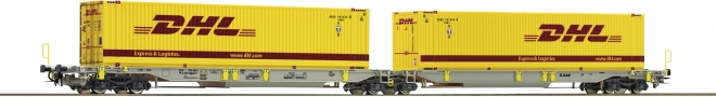 Roco csuklós konténerszállító kocsi Sdggmrs/T2000 AAE DHL konténerekkel, H0