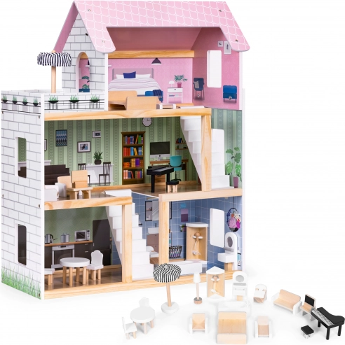 Fából készült babaház 3 szinttel, terasszal és 15 darabos bútor készlettel ECOTOYS