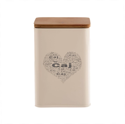Dekoratív teásdoboz „Tea SZÍV” mintával, bádog és fa, 14 cm