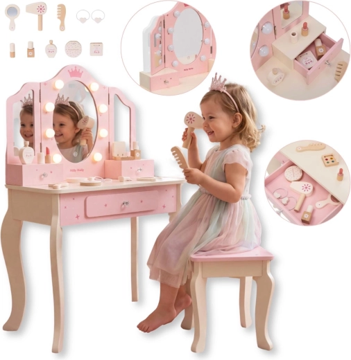 Milly Mally Queen Pink gyermek fa toalettasztal LED-es tükörrel