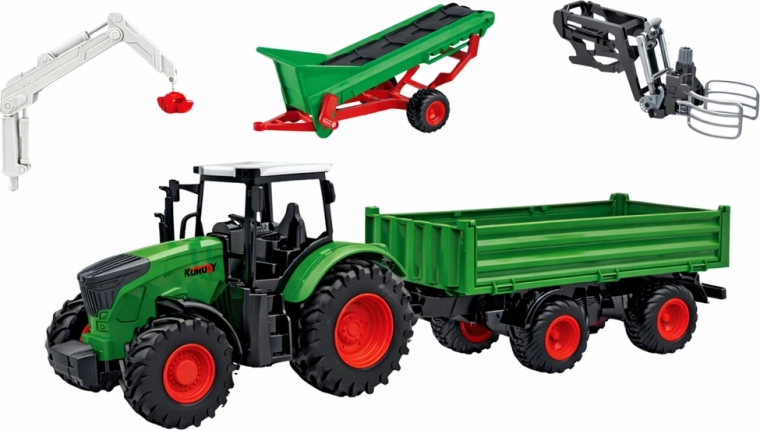 Traktor pótkocsival és működő szállítószalaggal
