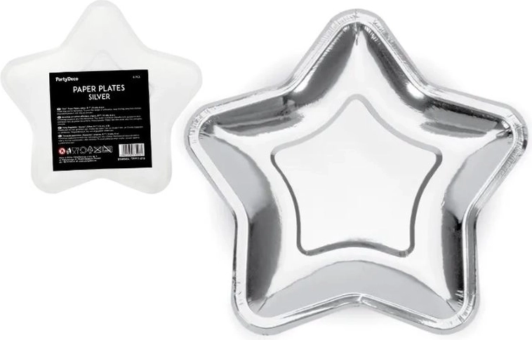 Ezüst csillag alakú papírtányérok 18 cm (6 db)