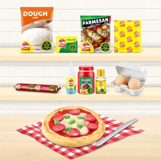 Élethű pizza rétegezése különféle „hozzávalókból”