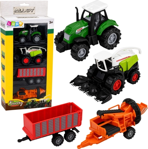 Mezőgazdasági járművek készlete – traktor, silózó, pótkocsi és bálázó (4 db) 1:68