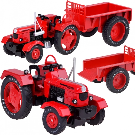 fém piros traktor utánfutóval 1:18 gumírozott kerekekkel