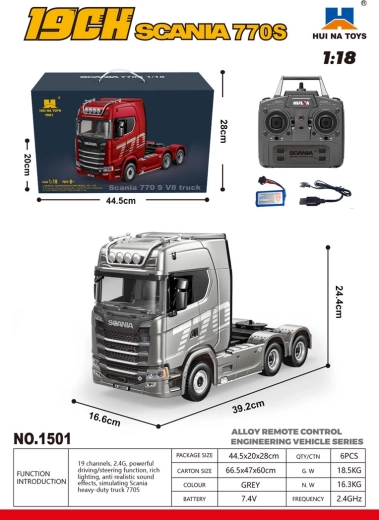 Távirányítós Scania 770S teherautó 1:18, szürke