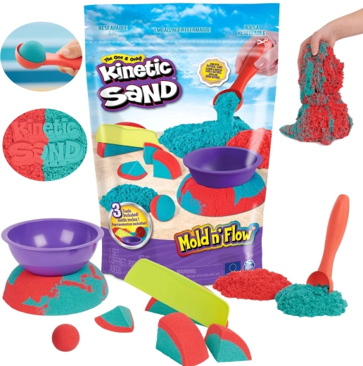 Kinetic Sand Mold 'n Flow kinetikus homok 2 színben és 3 kiegészítővel