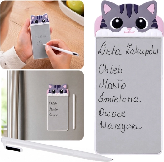 Mágneses jegyzettömb hűtőre – cica motívummal, írótollal – 1 db
