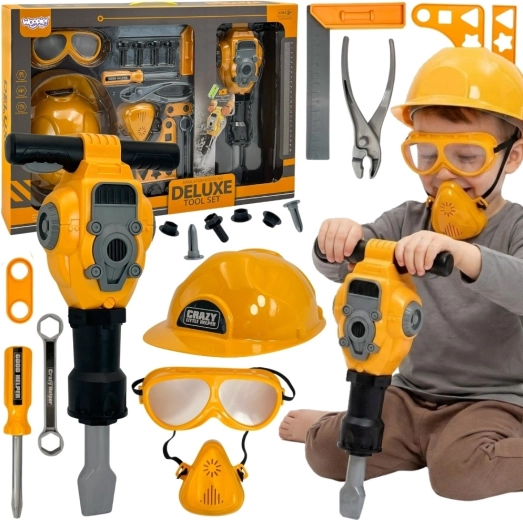 Woopie gyermek szerszámkészlet pneumatikus kalapáccsal, sisakkal és védőszemüveggel – 21 db