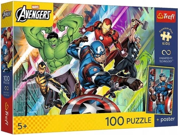 Trefl Marvel Avengers gyerek puzzle 100 darabos – Erő és hatalom, poszterrel