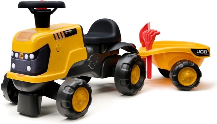 JCB Fastrac traktor lábbal hajtós utánfutóval, lapáttal és gereblyével 1–3 éveseknek