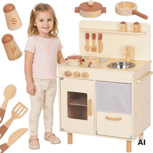Fából készült gyermek játékkonyha bézs színben, kiegészítőkkel – TOOKY TOY