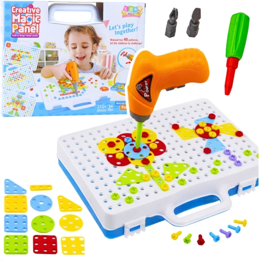 Oktató építőkészlet fúrógéppel, kofferben, 151 darab