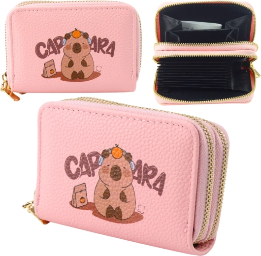 Rózsaszín kapibara pénztárca, kétrekeszes, kártya- és készpénz‑szervező 12,5 × 8,5 cm