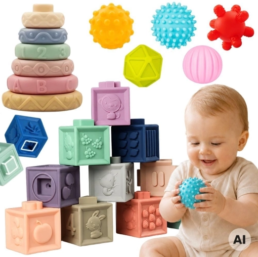 Woopie Baby puha szenzoros kockák és rágókák – 23 db-os készlet