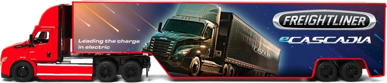 Fém Freightliner eCascadia kamion konténerrel, 33 cm