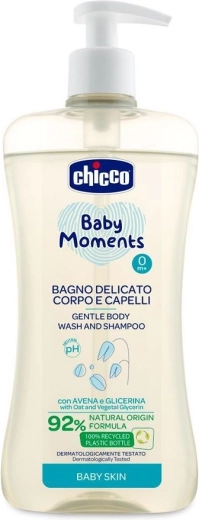Chicco gyengéd sampon hajra és testre Baby Moments 92% természetes összetevő 500 ml