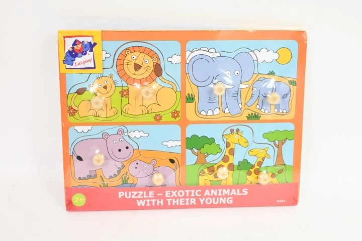 WOODY fa baba puzzle fogantyúkkal, állatkölykök, 4 az 1-ben