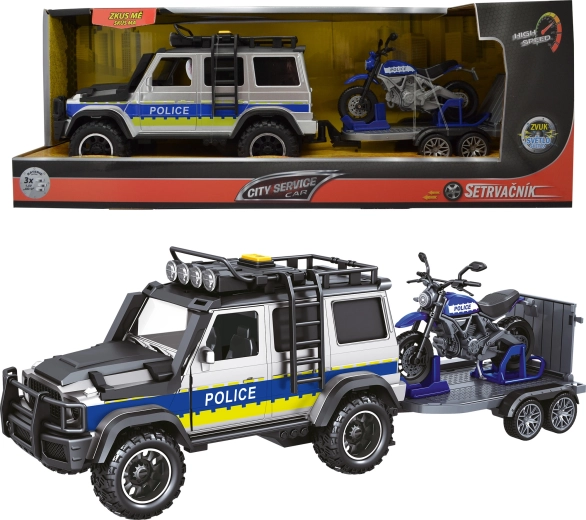Rendőrautó utánfutóval és motorral 1:14, hang- és fényhatásokkal