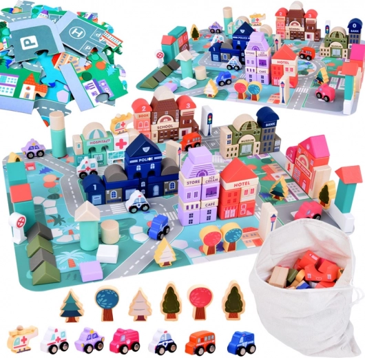 Pasztellszínű fa készlet Város puzzlematricával
