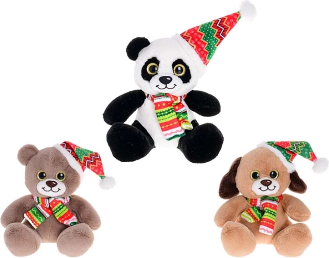 15 cm-es plüssállatka sapkával és sállal