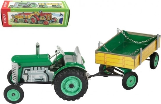Zöld Zetor traktor pótkocsival és rugós szerkezettel Kovap