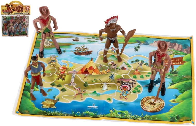 Indián és cowboy figurák térképpel 6 cm (műanyag)