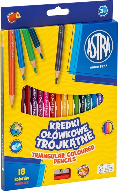 Astra háromszögletű színesceruzák 18 db hegyezővel