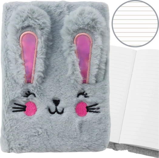 Plüss jegyzetfüzet A5 plüss nyuszival, vonalas, szürke