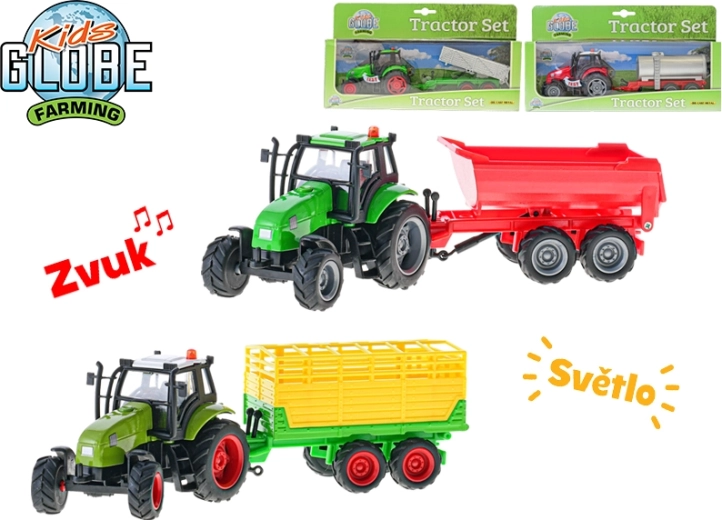 Gyerek traktor utánfutóval KIDS GLOBE Farming 25 cm, fényekkel és hangokkal