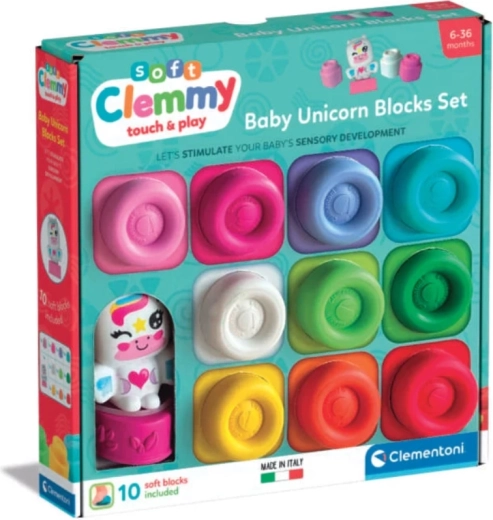 Puha kockák SOFT CLEMMY 10 db + egyszarvú figura