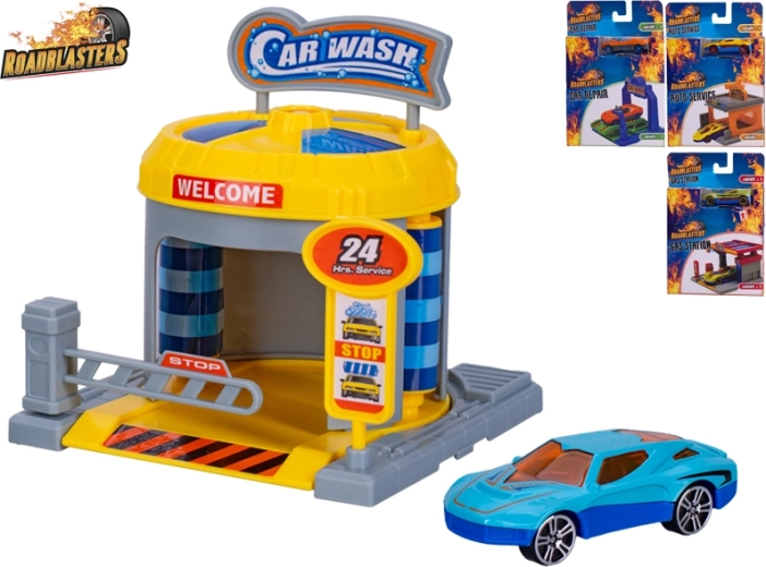 Roadblasters autószerelő műhely autóval – játékszett gyerekeknek 1:64