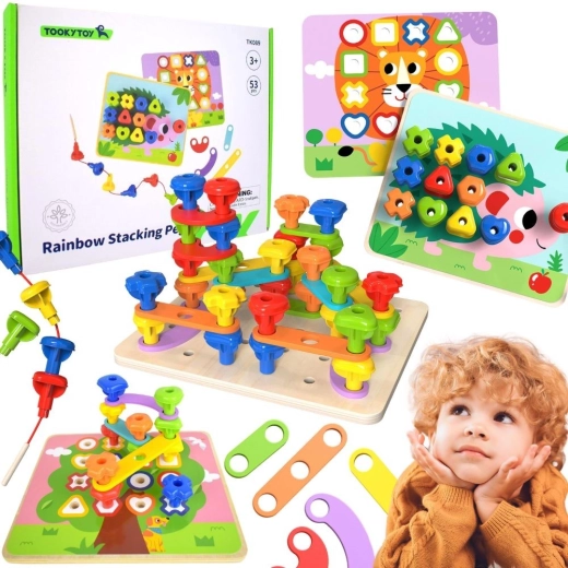 TOOKY TOY Montessori multifunkciós motorikus tábla színes csavarokkal
