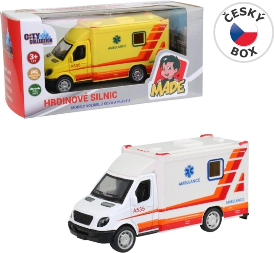 Fém mentőautó lendkerekes meghajtással, 10 cm