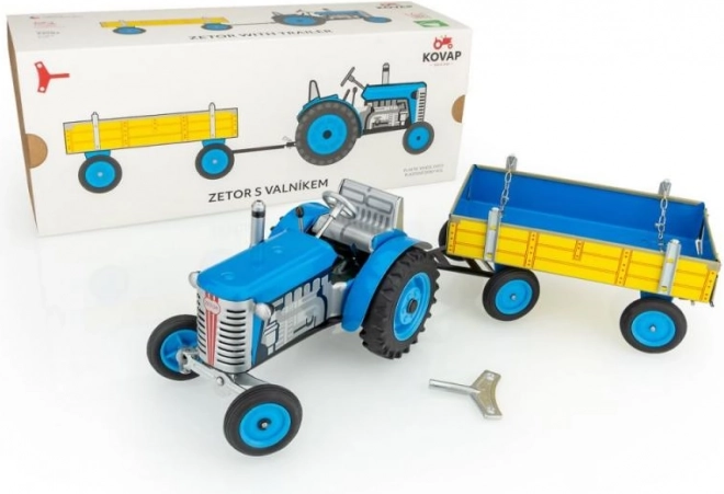 Bádog Zetor traktor platós pótkocsival, kulcsos felhúzással, piros/kék/zöld