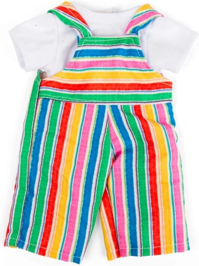 Bigjigs Toys szivárvány csíkos kantáros nadrág és fehér póló 28 cm-es babához