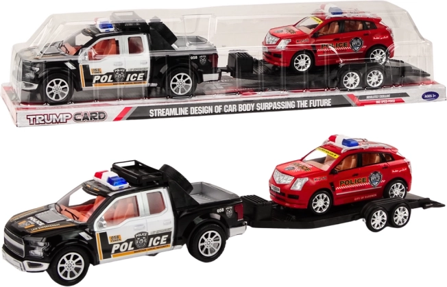 Rendőrségi pickup szállító trélerrel és terepjáróval