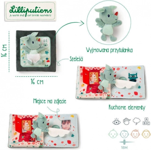 Textil könyvecske mini plüssfigurával Puk, puk – JOE, a kis sárkány a LILLIPUTIENS-től, 18 hó+