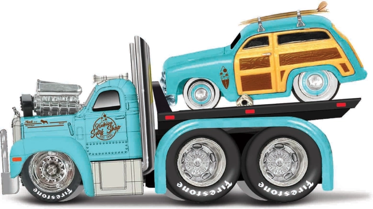 Maisto Muscle Transports 1953 Mack B-61 platós teherautó 1950 Ford Woodyval 1:64