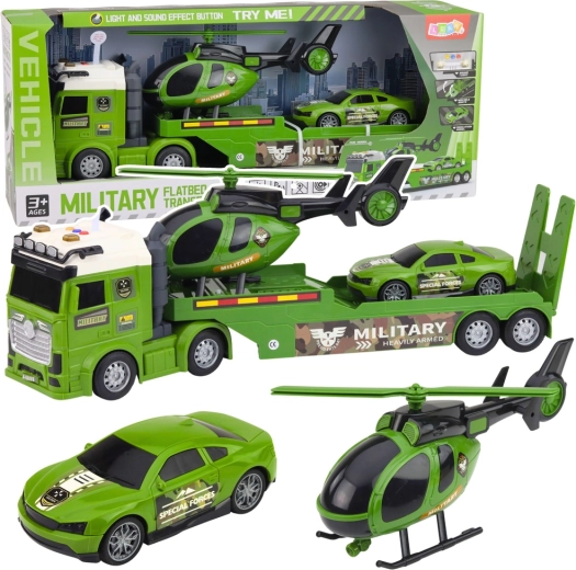 Katonai készlet – nyerges vontató pótkocsival, helikopter és autó fény- és hangeffektekkel