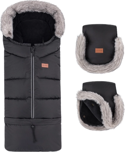Petite&Mars téli szett: Arctic 4v1 bundazsák + Furry Forever Black babakocsikormány-kesztyű