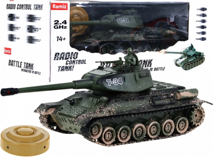 Távirányítású harckocsi T34 gyerekeknek 3+ Küzdő modell Álcázás 1:28 hangok és fények
