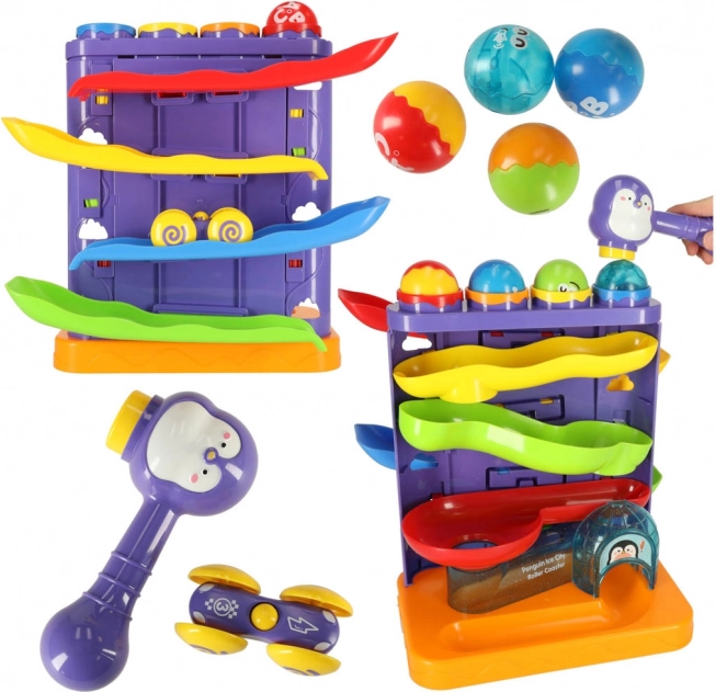 Interaktív golyópálya 3 az 1-ben kalapáccsal, pingvin és kisautó