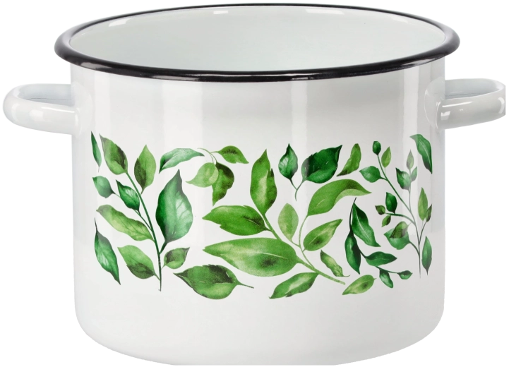 Zománcozott fazék 5,5 l 22 cm fehér, Ficus motívummal