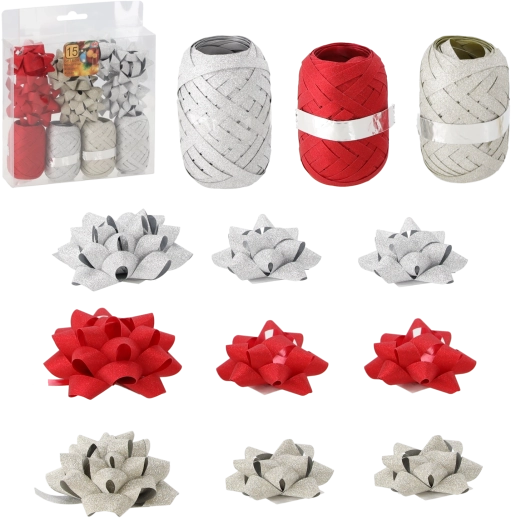 Ajándékcsomagoló készlet – arany, piros és ezüst (4 szalag + 11 masni)