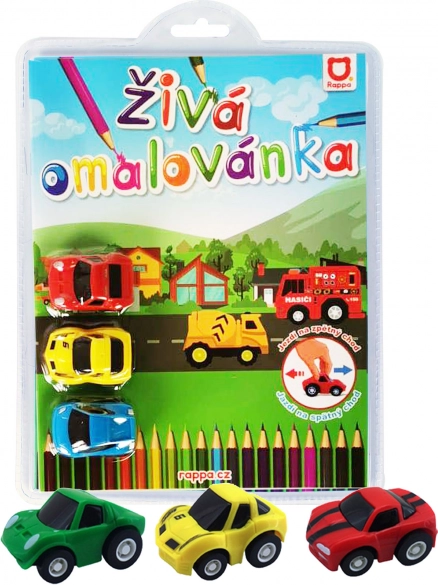 Élő színező – versenyautók, 3 darab visszahúzós kisautó készlet