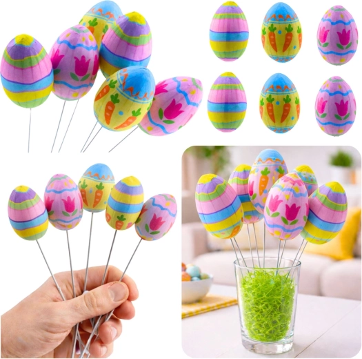 Húsvéti dekorációs tojások dróton, sárgarépa- és tulipánmintával – 6 db